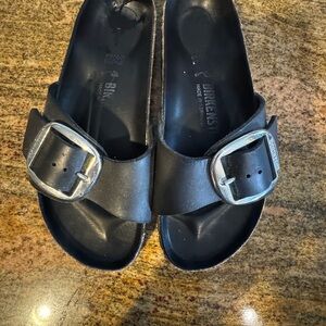 Birkenstock big buckle Black Slide Sandals with Silver Buckles.  Size 37.